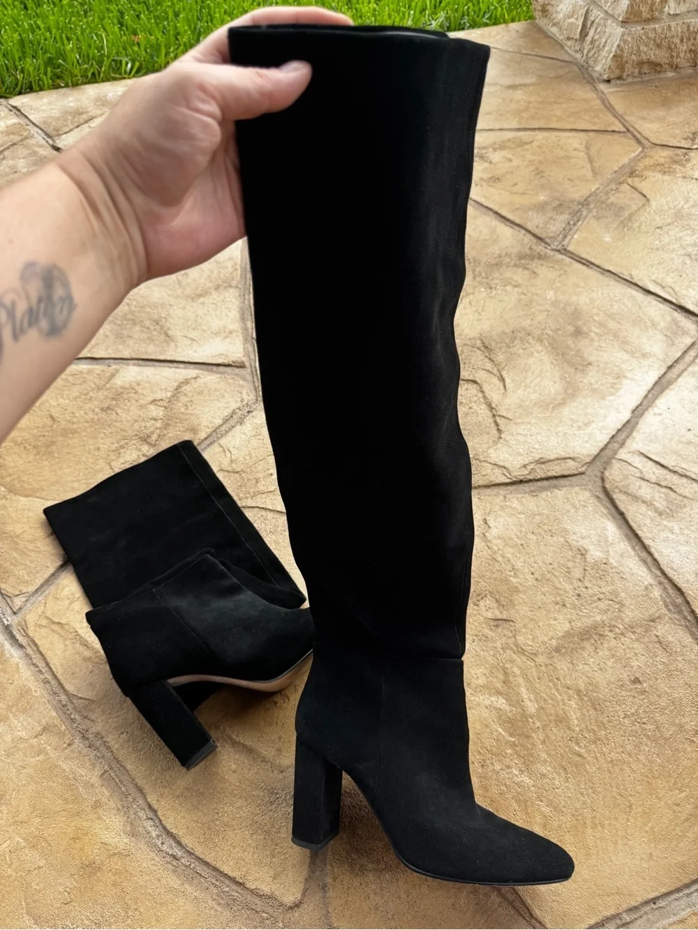 Zara Black Suede Knee High Boots EU 38 US 7.5 Block Heel Tall Boots